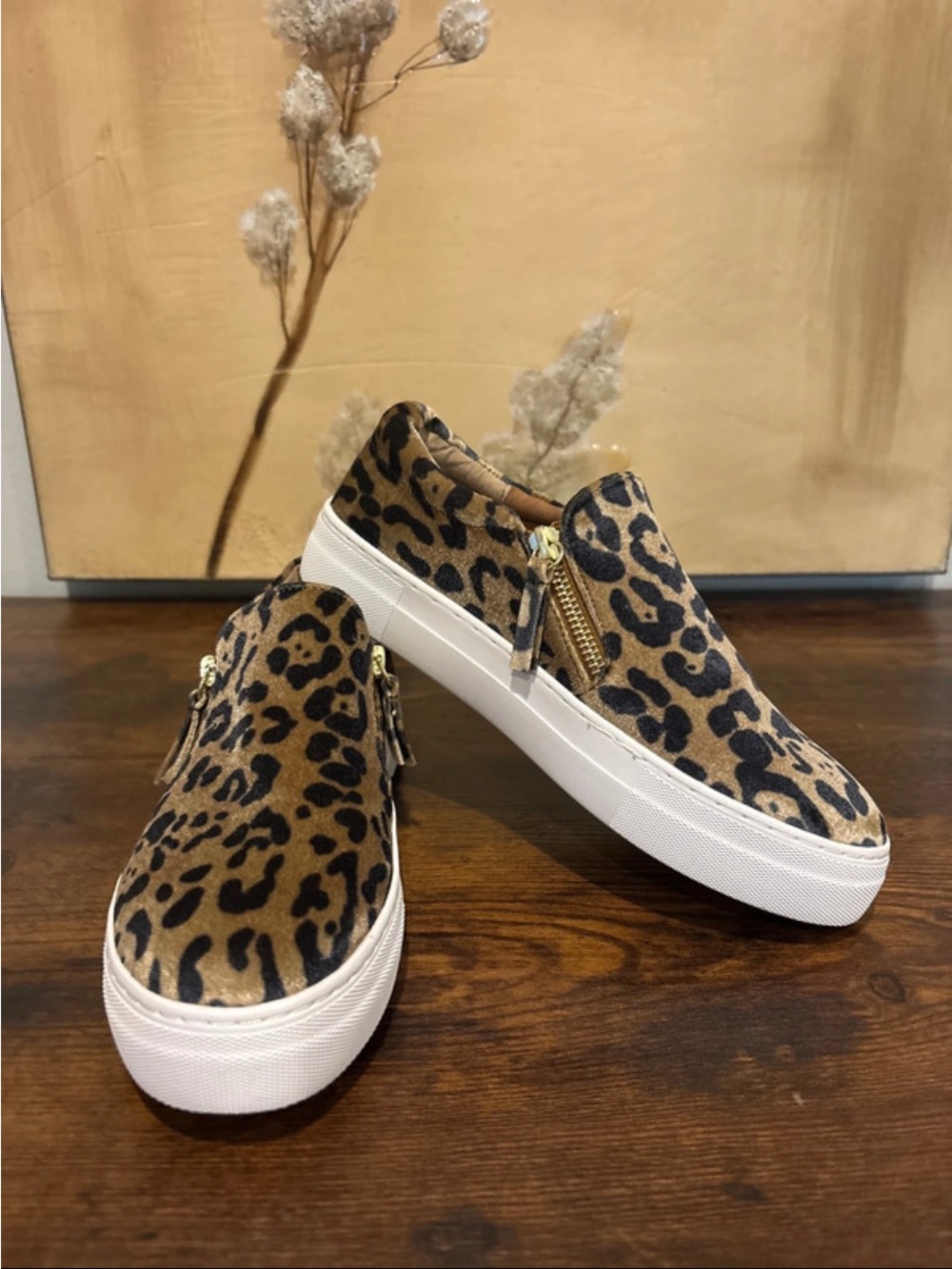 Steve Madden Leopard Print Slip-On Sneakers with Gold Side Zipper